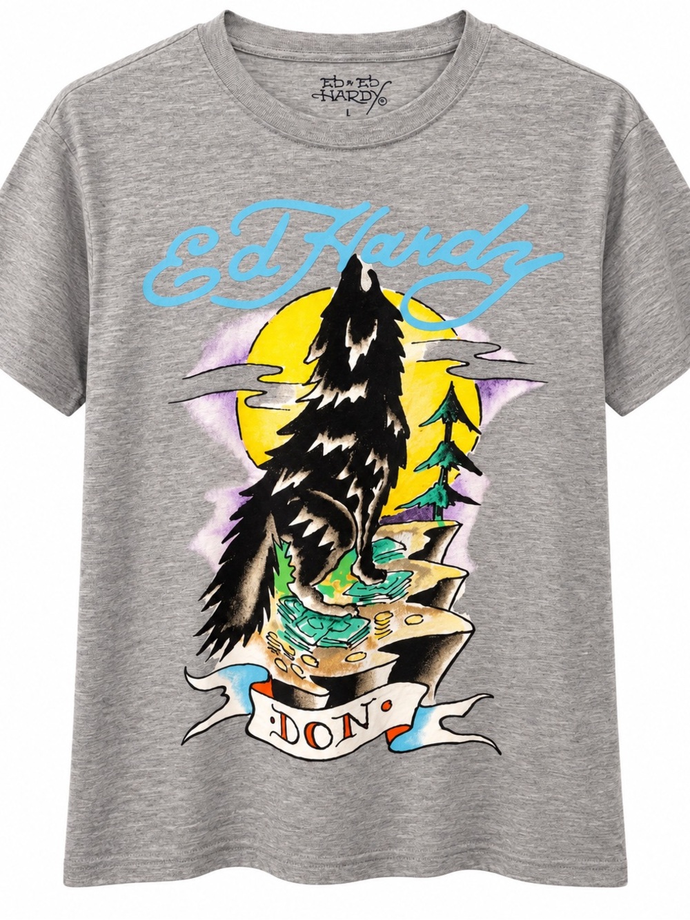 Women’s Ed Hardy Gray Tee with Black Wolf and Yellow Moon Graphic- Large NWT